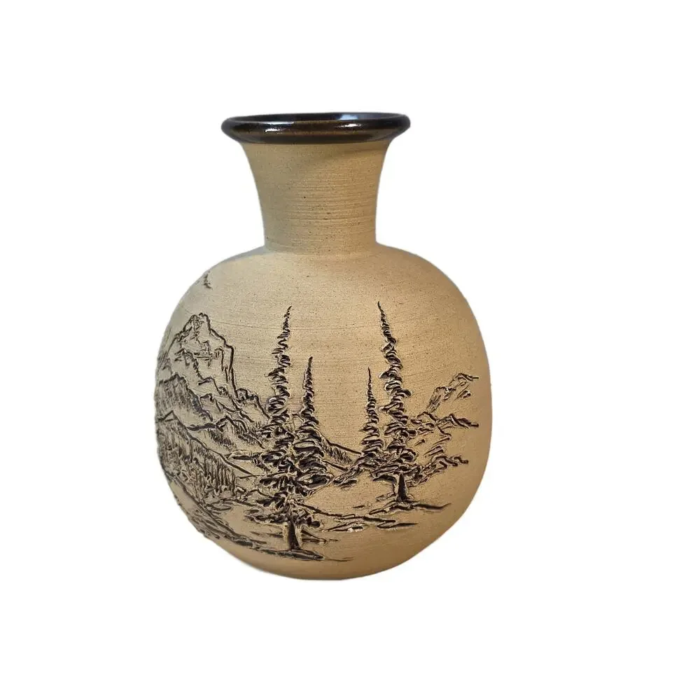 Vintage Wray Kay Sheen Frantic Art Studio Pottery Carved Landscape Tree Vase